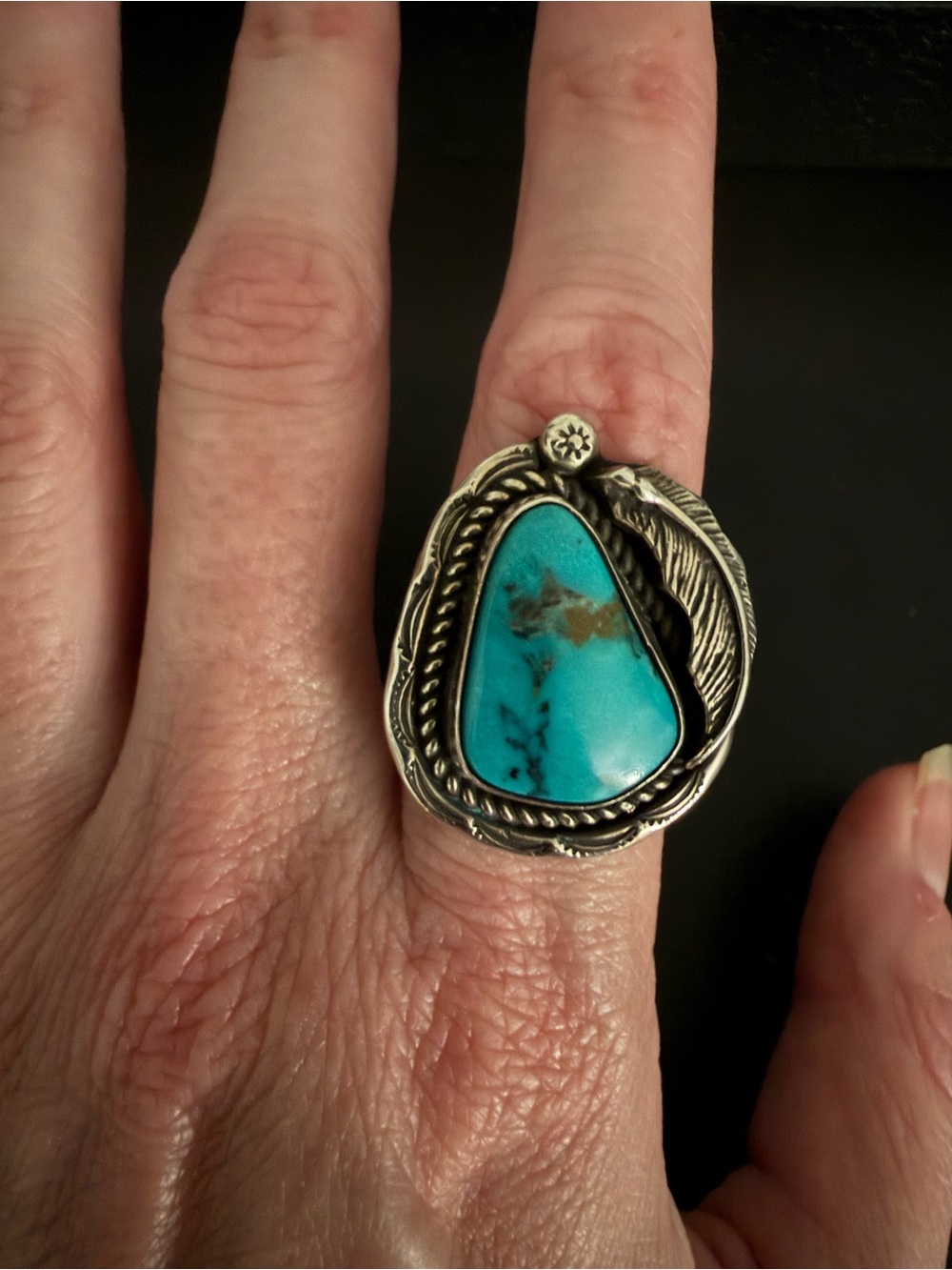 Vintage Navajo Dinè Turquoise & Sterling Silver Feather Ring Sz 6 Abraham Begay